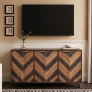 wohnli-moebel-suche-M23058414-1 Moderner TV-Ständer aus Holz mit Chevron-Muster 120x77x38cm Spanplatte Braun Urban Meuble Möbel Wohnzimmermöbel TV-Möbel