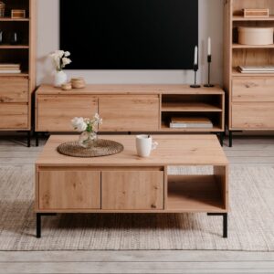 wohnli-moebel-suche-M23061226-1 Couchtisch 2 Türen 1 Nische L100 cm - Dekor Heller Holz 100x43x60cm Spanplatte Beige Calicosy Möbel Wohnzimmermöbel Couchtische