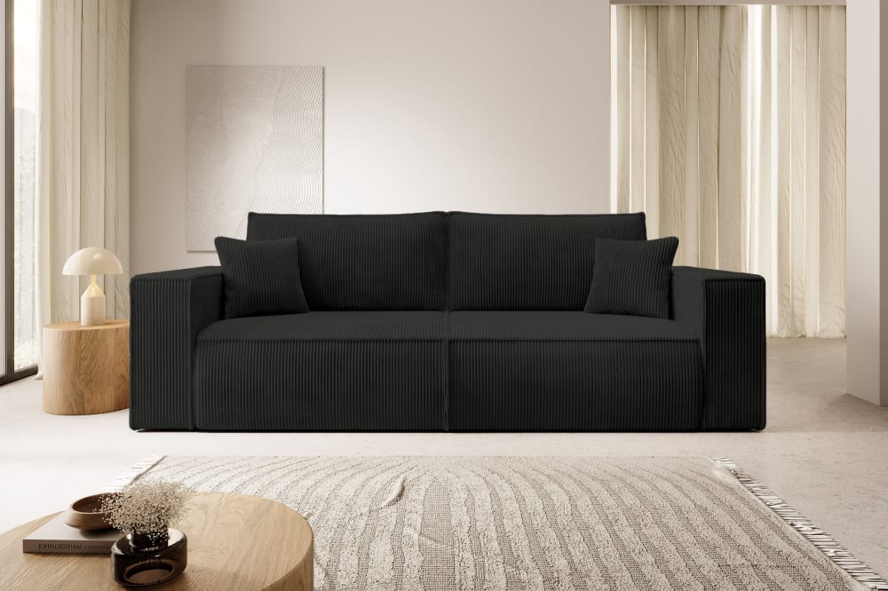 Schlafsofa  Cordbezug Schwarz 257 cm 102x85x257cm Samt Schwarz Selsey Sofas und Sessel Sofas Schlafsofas