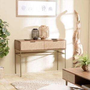 wohnli-moebel-suche-M23062112-1 Konsole aus Mangoholz mit 2 Schubladen und Ethno-Motiven 110x78x40cm Holz Braun MACABANE Möbel Wohnzimmermöbel Konsolentische