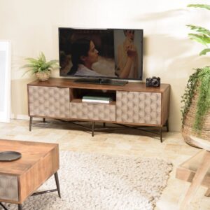 wohnli-moebel-suche-M23062241-1 TV-Möbel aus Mangoholz mit 2 Türen 1 Schublade 143x51x40cm Holz Braun MACABANE Möbel Wohnzimmermöbel TV-Möbel