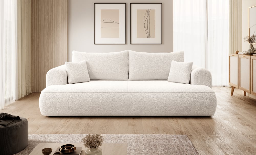 Schlafsofa  Boucle-Bezug Cremeweiß 115x92x250cm Stoff Beige Selsey Sofas und Sessel Sofas Schlafsofas