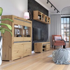 Geschirrschrank mit 4 Türen, Holzoptik und Grau, 139cm 106x139x39cm Spanplatte Grau Petits meubles Möbel Esszimmermöbel Geschirrschränke