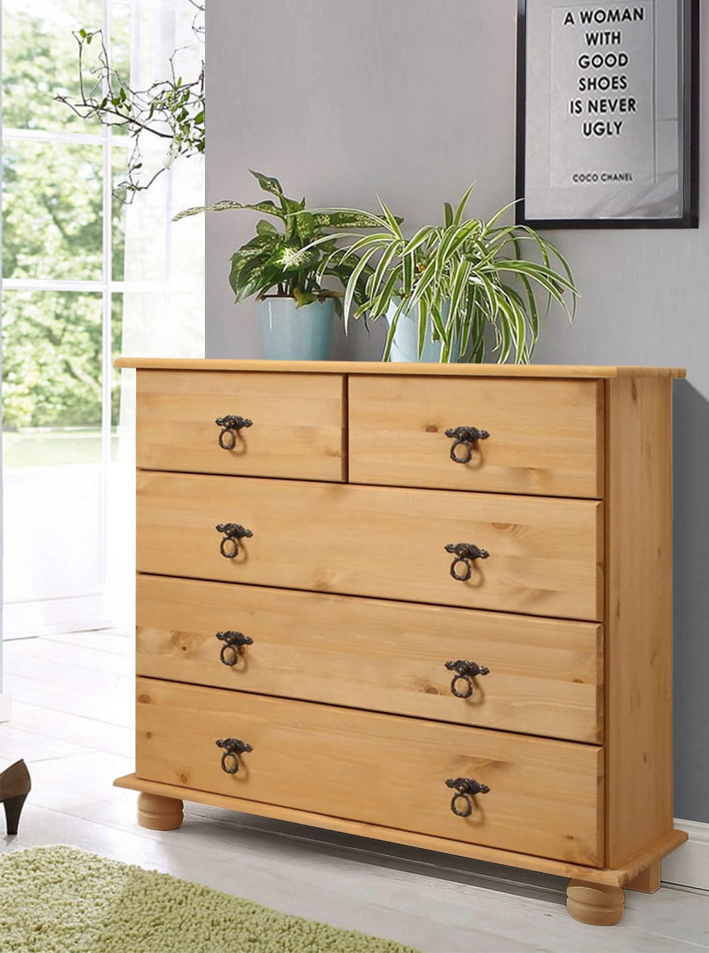 Kommode mit 3+2 Schubladen aus Kiefer 82x78x30cm Holz Braun Loft24 Möbel Schlafzimmermöbel Kommoden
