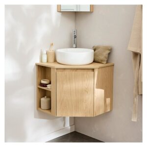 wohnli-moebel-suche-M23072603-1 Eckwaschtisch-Set + weißes Waschbecken 52x45x37cm Spanplatte Braun Mob In Möbel Badezimmermöbel Waschtische