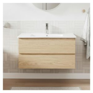 wohnli-moebel-suche-M23072610-1 80cm Waschtisch Eiche-Optik mit Becken & Chrom-Armatur 80x45x45cm Spanplatte Braun Mob In Möbel Badezimmermöbel Waschtische