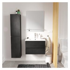 Einzelwaschtisch-Set 60 cm + Wasserhahn + Spiegel + -Säule 60x45x46cm Spanplatte Schwarz Mob In Möbel Badezimmermöbel Waschtische