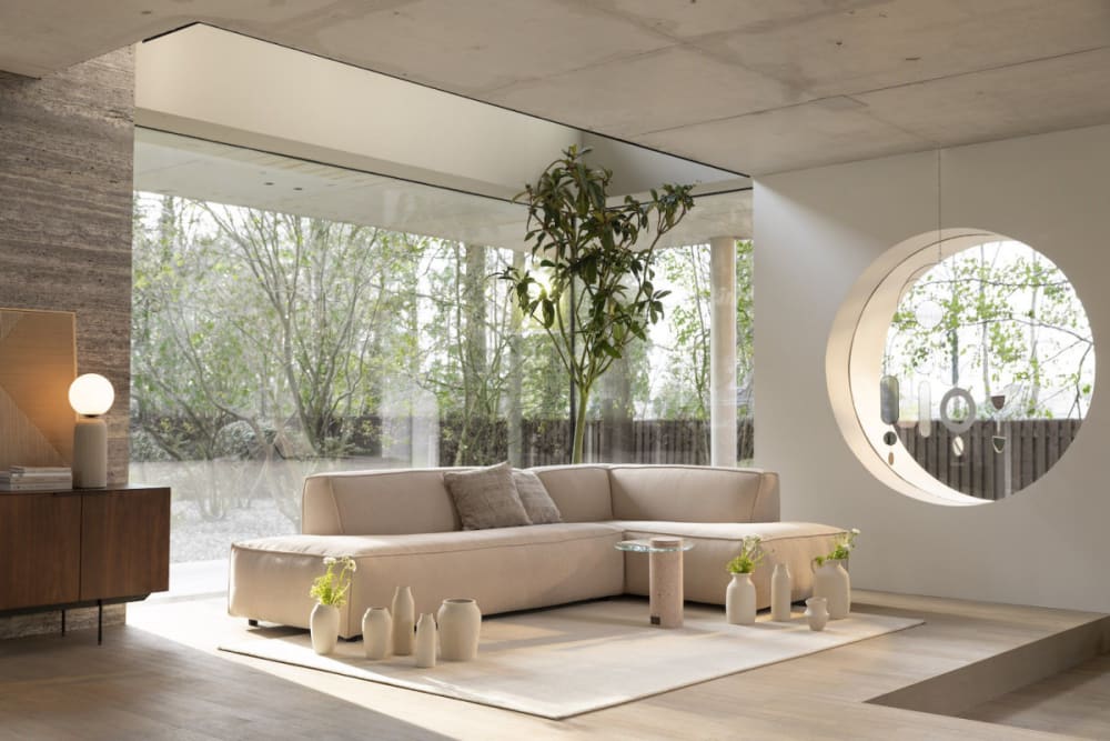 Bequemes großes Ecksofa aus cremefarbenem Samt 308x72x103cm Samt Beige Zuiver Sofas und Sessel Sofas Ecksofas