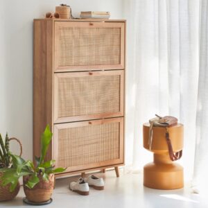 wohnli-moebel-suche-M23079335-1 Schuhschrank mit 3 Klappen und Rattan-Geflecht B 75 cm 75x131x26cm Spanplatte Beige sweeek Möbel Flurmöbel Schuhschränke