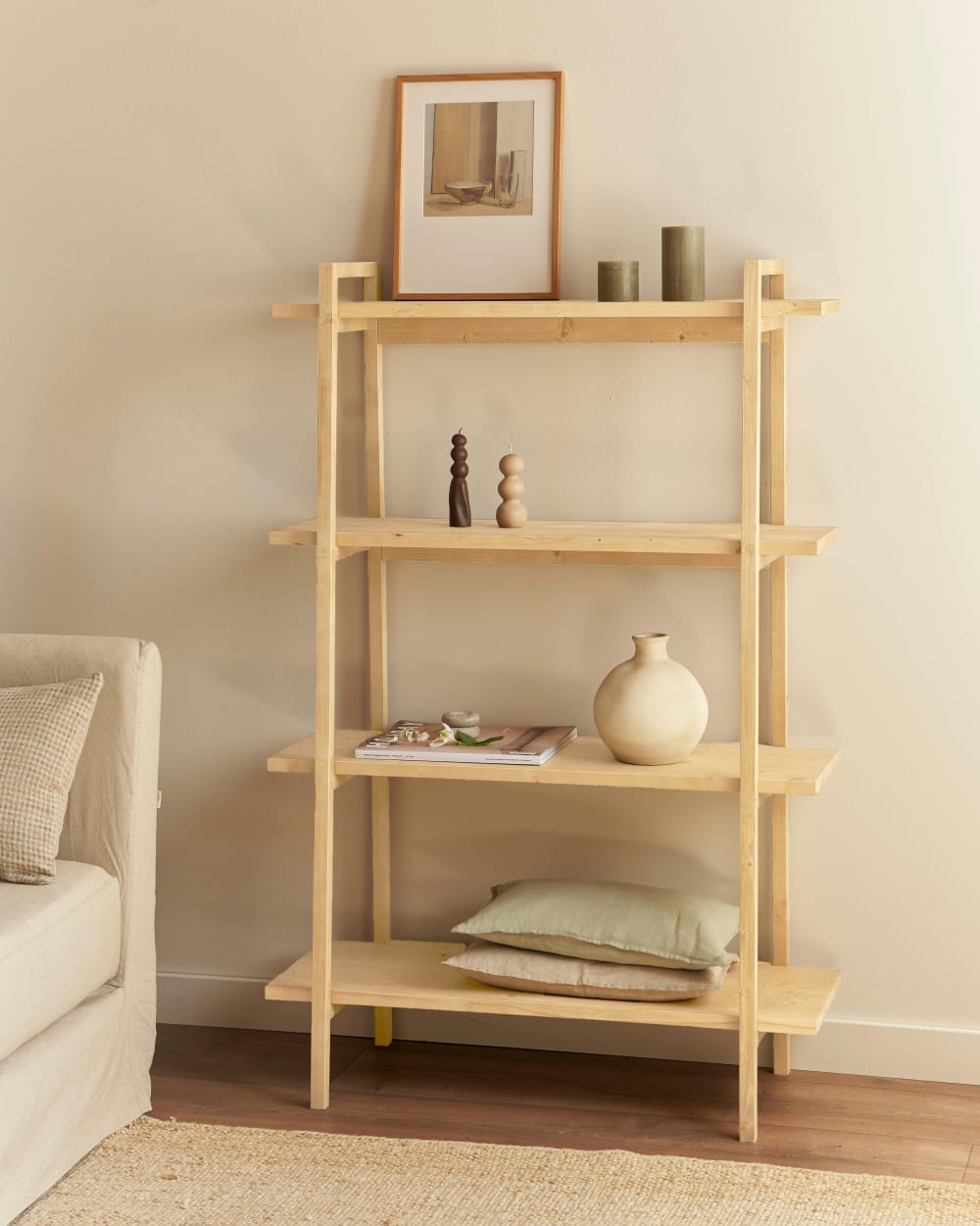 wohnli-moebel-suche-M23083035-1 Bücherregal aus Tannenholz Beige 100x150x40cm Holz Braun Hannun Möbel Wohnzimmermöbel Regale