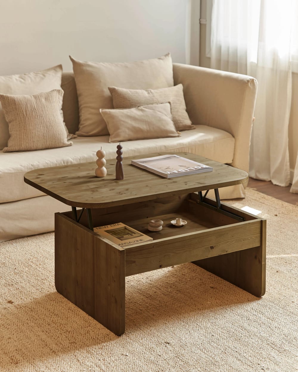 Couchtisch höhenverstellbar aus Tannenholz Braun 99x55x70cm Holz Braun Hannun Möbel Wohnzimmermöbel Couchtische