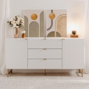 Sideboard 2 Türen 3 Schubladen L179 cm - Weiß 179x90x41cm Spanplatte Weiß Calicosy Möbel Esszimmermöbel Sideboards, Highboards & niedrige Anrichten