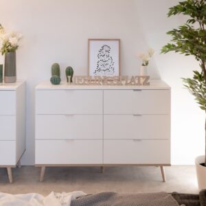 Kommode mit 6 Schubladen L120 cm - Weiß 120x87x40cm Spanplatte Weiß Calicosy Möbel Schlafzimmermöbel Kommoden