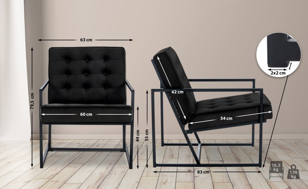 Lounger Sessel mit Metallgestell Polsterung aus Samt schwarz 83x80x63cm Samt Schwarz CLP Sofas und Sessel Sessel, Poufs und Fußbänke Sessel
