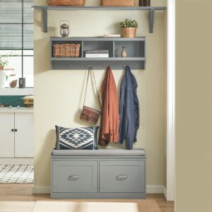 wohnli-moebel-suche-M23087752-1 Schuhbank mit Sitzfläche und 4 Fächern MDF Grau 98x98x37cm Holz Grau SoBuy Möbel Flurmöbel Schuhschränke