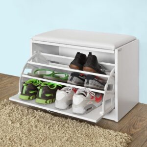 wohnli-moebel-suche-M23087753-1 Schuhbank mit Sitzkissen und 1 Klappe MDF PU Weiß 60x47x30cm Spanplatte Weiß SoBuy Möbel Flurmöbel Schuhschränke