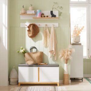 Schuhbank mit Sitzfläche und Stauraum MDF Bambus Weiß 90x46x34cm Holz Weiß SoBuy Möbel Flurmöbel Schuhschränke