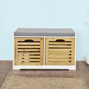wohnli-moebel-suche-M23087757-1 Schuhtruhe mit Sitzkissen und 2 Körben MDF Bambus Weiß Natur 71x43x34cm Spanplatte Beige SoBuy Möbel Flurmöbel Schuhschränke