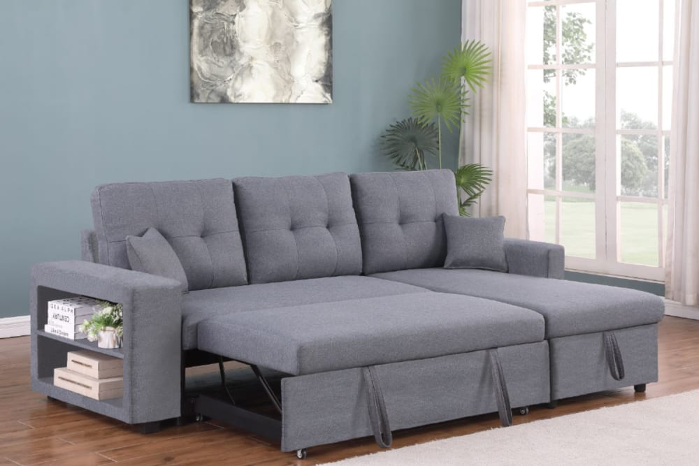 wohnli-moebel-suche-M23087772-1 Ecksofa mit Schlaffunktion aus grauem Stoff für 4 Personen 233x93x113cm Holz Grau Concept Usine Sofas und Sessel Sofas Ecksofas