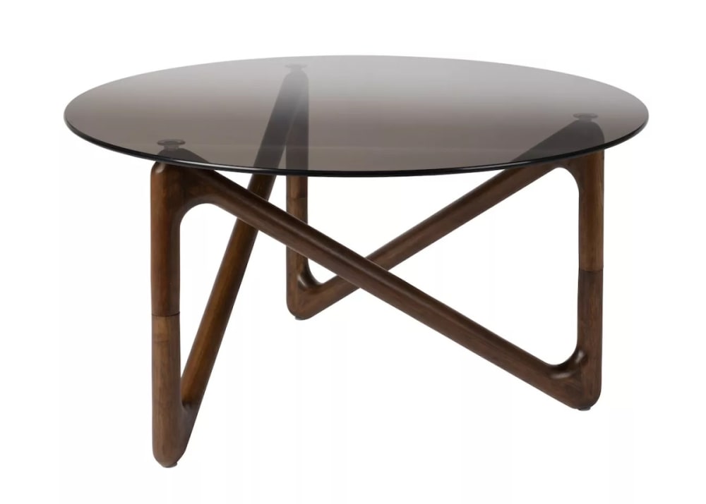 wohnli-moebel-suche-M23088294 Wohnli Möbelsuche - Runder Couchtisch aus dunklem Holz und Rauchglas
