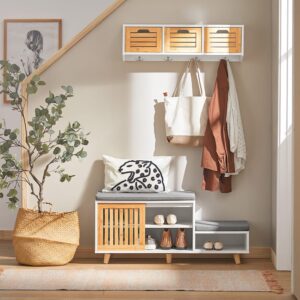 wohnli-moebel-suche-M23091239-1 Schuhbank mit 2 Sitzflächen und 1 Schiebetür MDF Bambus Weiß Natur 101x46x35cm Spanplatte Weiß SoBuy Möbel Flurmöbel Schuhschränke