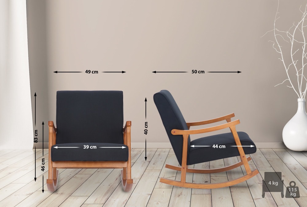 Schaukelstuhl mit Armlehnen und Sitz aus Stoff schwarz 92x82x67cm Stoff Schwarz CLP Sofas und Sessel Sessel, Poufs und Fußbänke Sessel