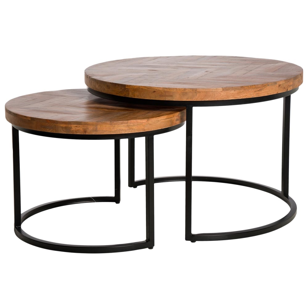 Wohnli Möbelsuche - Runde Tische aus Mangoholz mit Beinen in Schwarz.