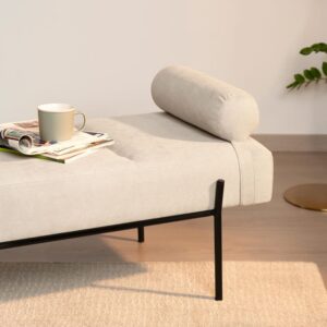 wohnli-moebel-suche-M23093062-1 Beige gepolsterte Bank mit schwarzen Beinen. 53x43x140cm PES - Polyester Beige Koketto Home Möbel Esszimmermöbel Sitzbank und Holzbank
