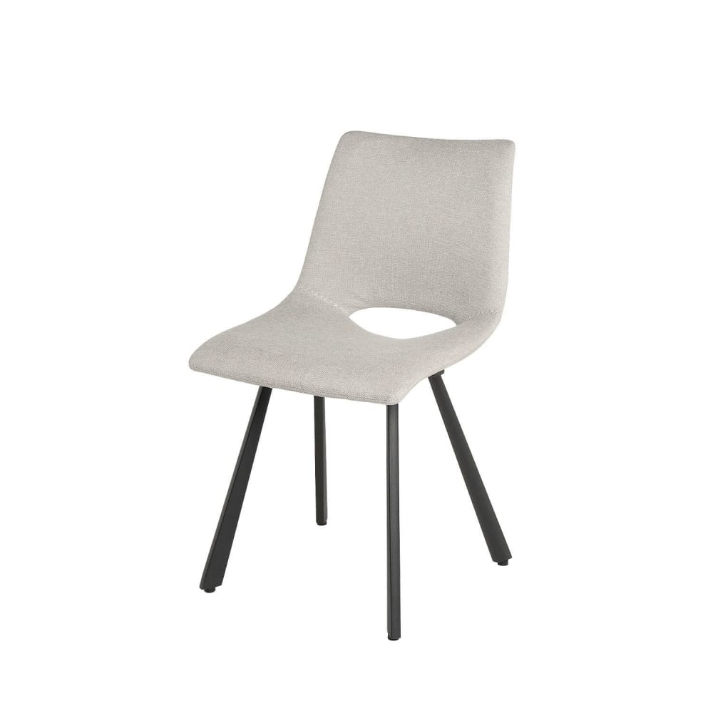 Wohnli Möbelsuche - Gepolsterter Stuhl mit schwarzen Metallbeinen und beigem Sitz.