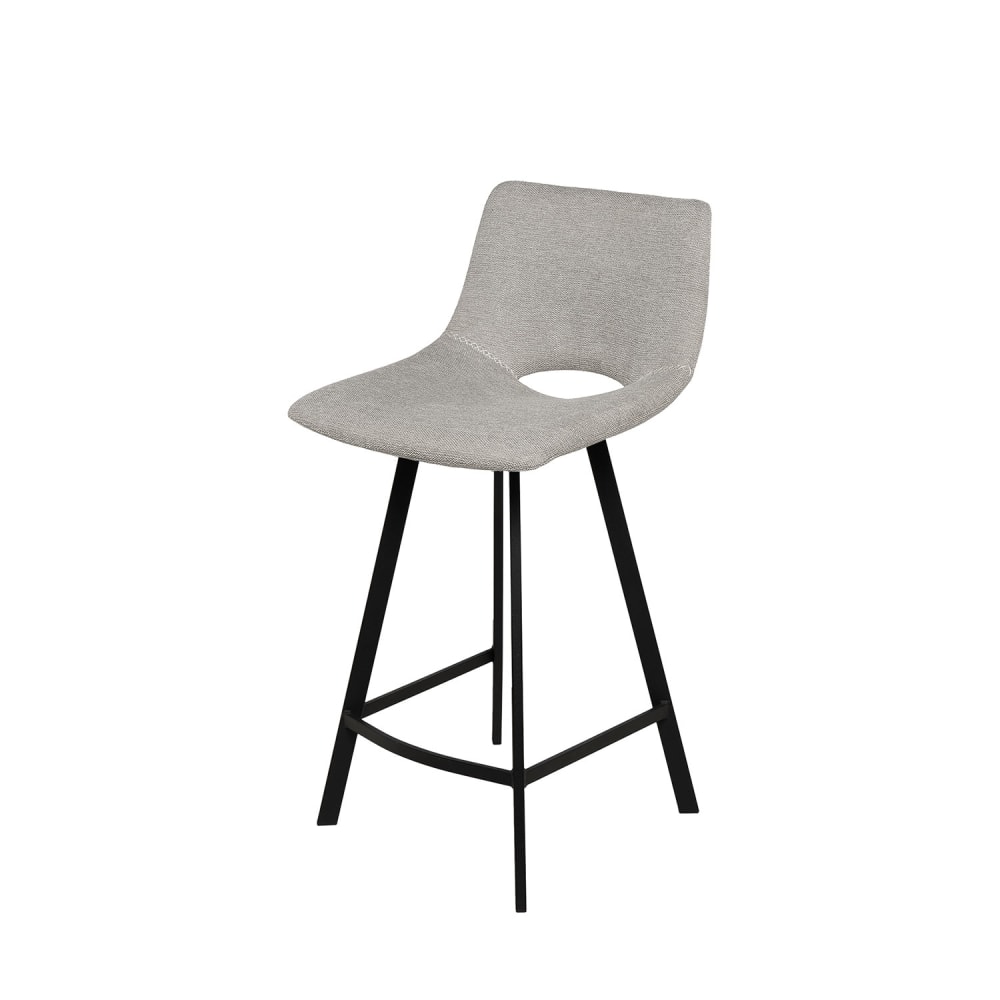 wohnli-moebel-suche-M23093175 Wohnli Möbelsuche - Niedriger Hocker mit Stoff in Hellgrau und Beinen in Schwarz.