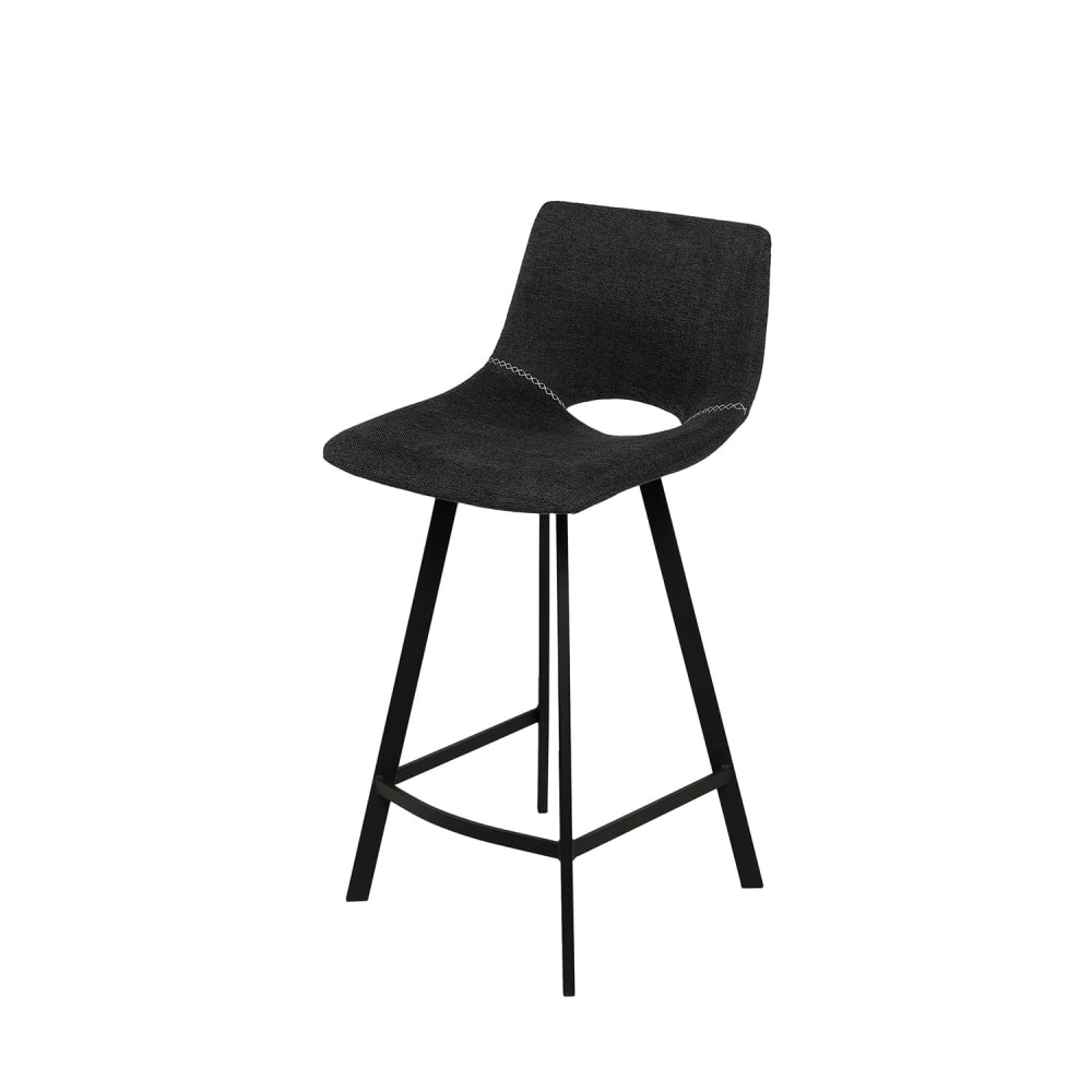 wohnli-moebel-suche-M23093178 Wohnli Möbelsuche - Niedriger Hocker mit Bezug in Dunkelgrau und Beinen in Schwarz.