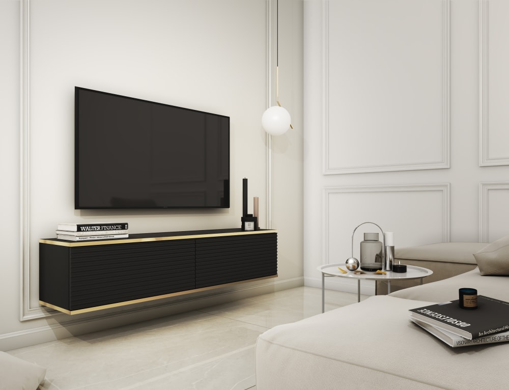 TV-Ständer Holzeffekt Schwarz und Gold 32x30x135cm Spanplatte Schwarz AKL FURNITURE Möbel Wohnzimmermöbel TV-Möbel