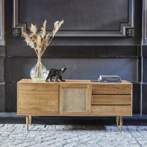 Buffet aus massivem Mindi und Rohrgeflecht 175 cm 175x75x175cm Holz Beige BERAH GETAH Möbel Esszimmermöbel Sideboards, Highboards & niedrige Anrichten