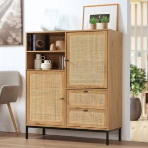 Hohe Buffetschrank mit Rattanfronten - L100 x H120 cm 100x120x40cm Spanplatte Braun Calicosy Möbel Esszimmermöbel Sideboards, Highboards & niedrige Anrichten