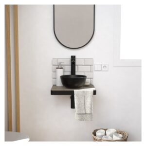 wohnli-moebel-suche-M23094899-1 schmales Handwaschbecken + Waschbecken + Wasserhahn + Spiegel 35x4x41cm Spanplatte Schwarz Mob In Möbel Badezimmermöbel Waschtische