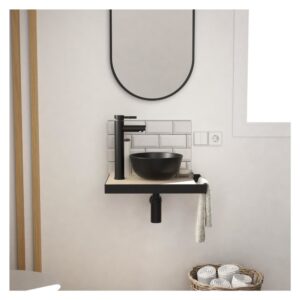 wohnli-moebel-suche-M23094903-1 schmales Handwaschbecken + Waschbecken + Wasserhahn + Spiegel 31x6x45cm Spanplatte Schwarz Mob In Möbel Badezimmermöbel Waschtische