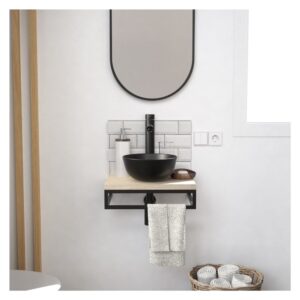 wohnli-moebel-suche-M23094914-1 schmales Handwaschbecken + Waschbecken + Wasserhahn + Spiegel 30x11x40cm Spanplatte Schwarz Mob In Möbel Badezimmermöbel Waschtische