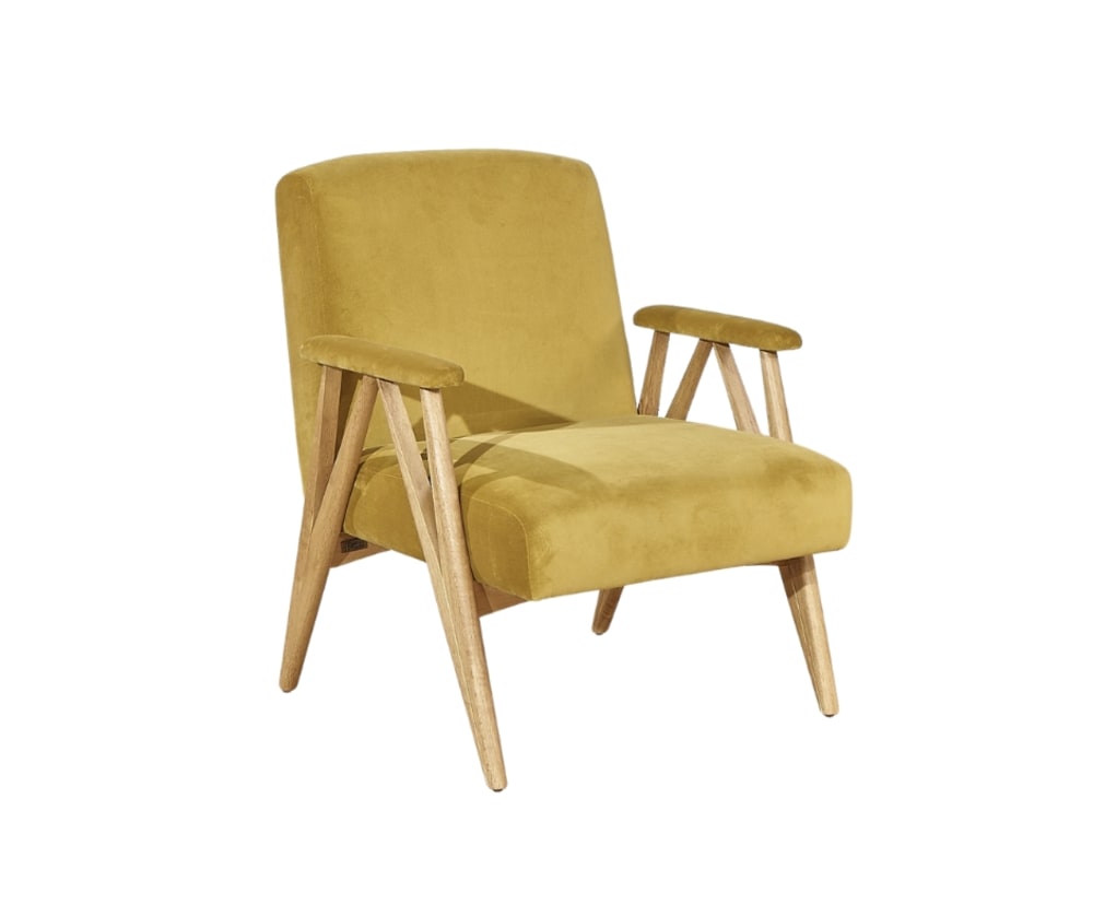 Wohnli Möbelsuche - Sessel aus Gummibaumholz und Samt Mustard Yellow