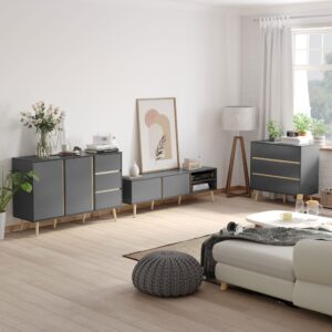 Buffet 2 portes 2 étagères 3 tiroirs scandinave gris aspect bois clair 120x80x40cm Spanplatte Grau Homcom Möbel Esszimmermöbel Sideboards, Highboards & niedrige Anrichten