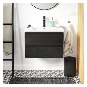 wohnli-moebel-suche-M23096738-1 Einzelwaschtisch-Set 60cm mit Keramikplatte und schwarzem Wasserhahn 60x45x43cm Spanplatte Schwarz Mob In Möbel Badezimmermöbel Waschbecken