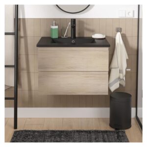 wohnli-moebel-suche-M23096748-1 Einzelwaschtisch-Set 60cm mit Keramikplatte und schwarzem Wasserhahn 60x45x43cm Spanplatte Braun Mob In Möbel Badezimmermöbel Waschbecken