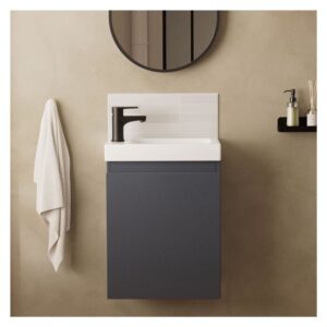 wohnli-moebel-suche-M23096757-1 schwarzer Waschbeckenschrank + Wasserhahn 21x53x41cm Spanplatte Grau Mob In Möbel Badezimmermöbel Waschtische