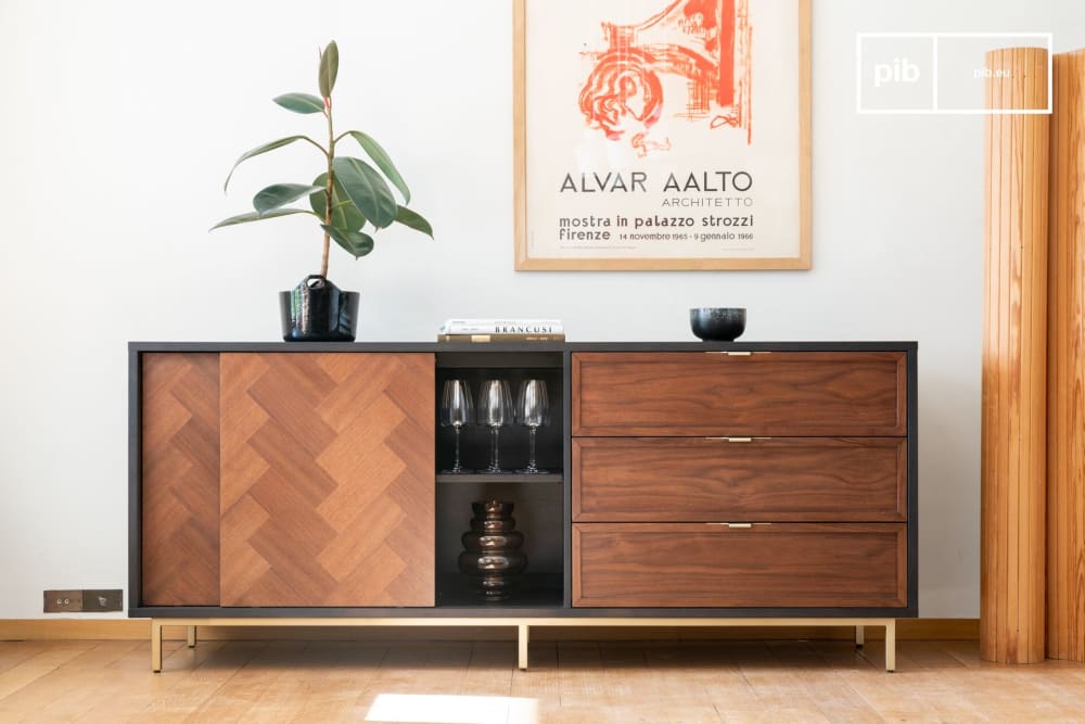 Sideboard aus dunklem Holz mit Schiebetüren und 3 Schubladen 180x76x45cm Holz Braun PIB Möbel Esszimmermöbel Sideboards, Highboards & niedrige Anrichten