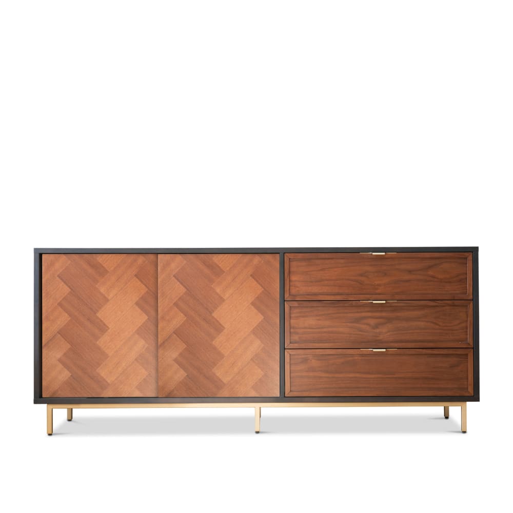 wohnli-moebel-suche-M23098465 Wohnli Möbelsuche - Sideboard aus dunklem Holz mit Schiebetüren und 3 Schubladen
