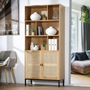 Bücherregal mit Stauraum 2 Türen in Holzoptik - L80 x H175 cm 80x175x35cm Spanplatte Beige Calicosy Möbel Wohnzimmermöbel Bücherregale