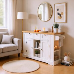 wohnli-moebel-suche-M23102186-1 Weißer Beistelltisch mit Holzplatte und Ablage 132x87x70cm Spanplatte Weiß Urban Meuble Möbel Wohnzimmermöbel Beistelltische