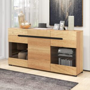 Sideboard LED Wohnzimmermöbel 3 Türen 3 Schubladen Kommode 140x80x35cm Spanplatte Beige Urban Meuble Möbel Esszimmermöbel Sideboards, Highboards & niedrige Anrichten