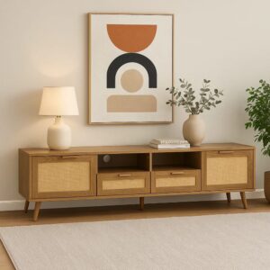 wohnli-moebel-suche-M23102300-1 Niedriges Sideboard aus Holz und Rohr Natürliches Retro-Design 200x49x37cm Rattan Beige Urban Meuble Möbel Esszimmermöbel Sideboards, Highboards & niedrige Anrichten