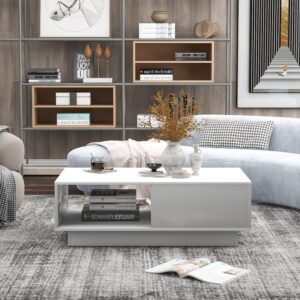 Glänzend weißer rechteckiger Couchtisch mit LED-Licht 95x32x55cm Spanplatte Weiß Urban Meuble Möbel Wohnzimmermöbel Couchtische