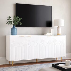 Weißer TV-Schrank mit geometrischen Reliefmustern und goldenen Beinen 160x80x40cm Spanplatte Weiß Urban Meuble Möbel Wohnzimmermöbel TV-Möbel